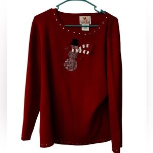 VTG Quacker Factory Snowman Christmas Sweater Women Plus 1X Beaded Winter Scarf